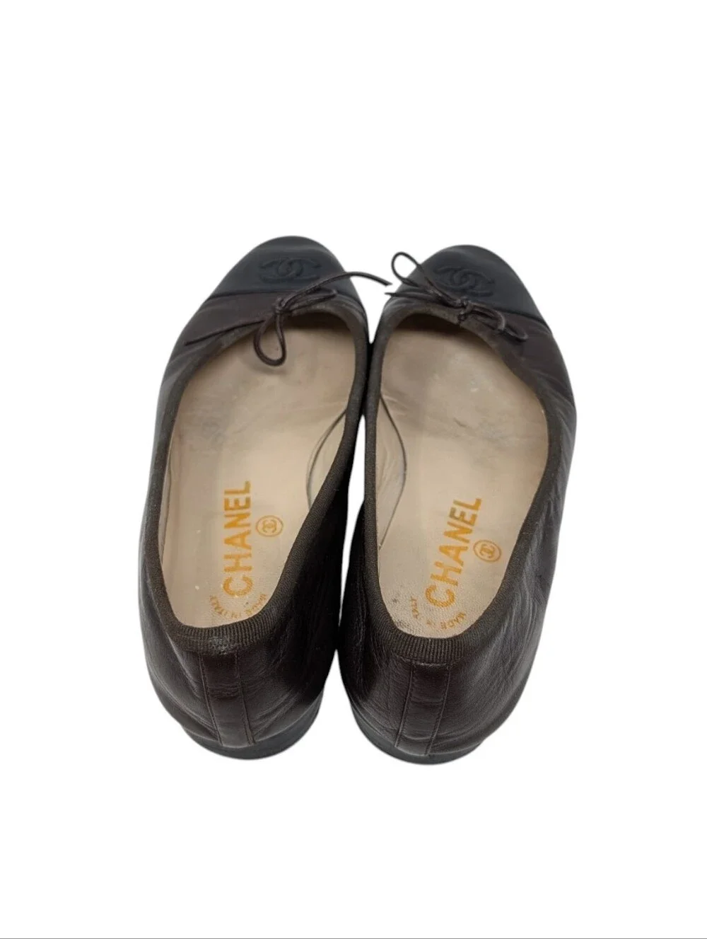 Chanel Brown Leather Cap Toe Interlocking CC Ballerina Ballet Flats Size EU 37.5